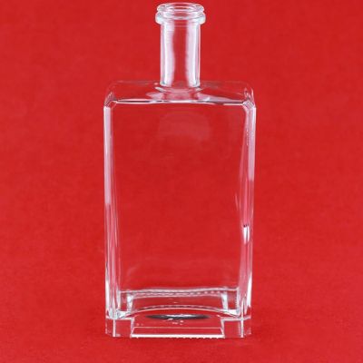 High End Flat Alcohol Clear Glass Bottle Square Vodka Flat Rectangle Glass Bottle With Wood Cap 