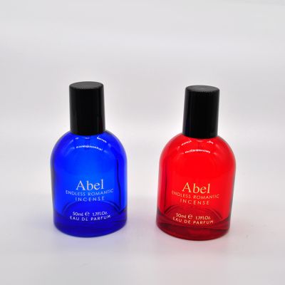 50ml empty red and blue glass perfume bottle with spray dispense 