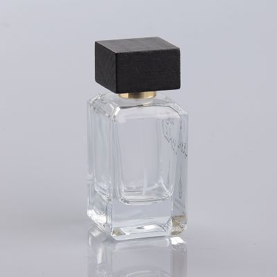 wholesale empty square transparent glass perfume bottle with wooden cap 
