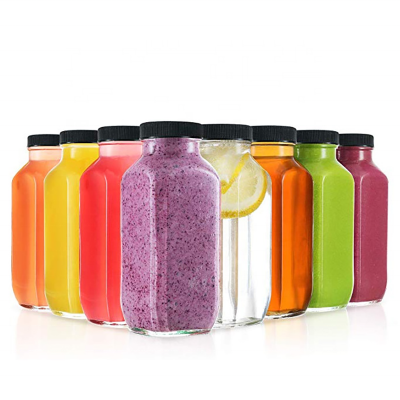 Wholesale Empty French Square 16oz 500ML Fresh Glass Juice Bottle with aluminum lid plastic lid