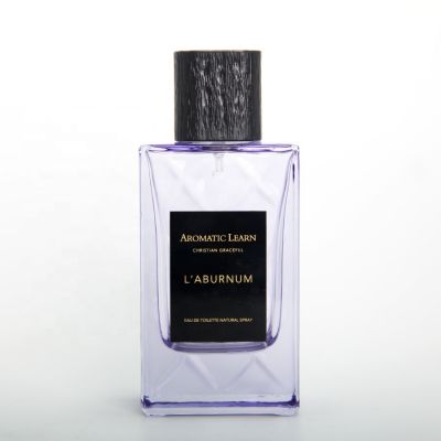 Unique design square rectangle shape wooden pattern plastic cap blue perfume glass bottle 