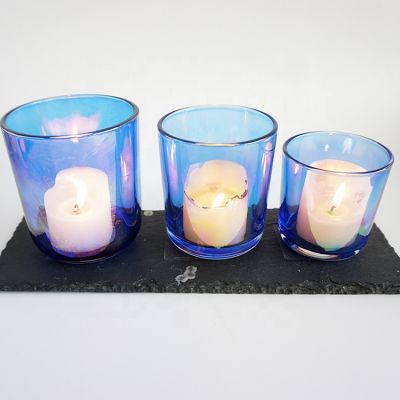 set of 3 holographic blue glass candle holders cup for candle making
