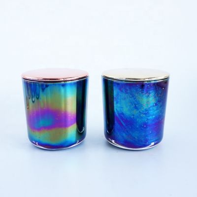 Colorful ion plating iridescent glass candle jars 8oz empty candle vessels with gold rose gold black lids