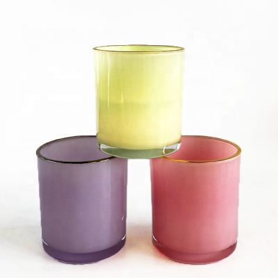 fashion design shiny colored 600ml gold rim glass candle jar