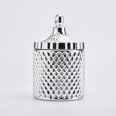Wholesale 18oz glass luxury silver diamond effect candle vessele with lids in bulk