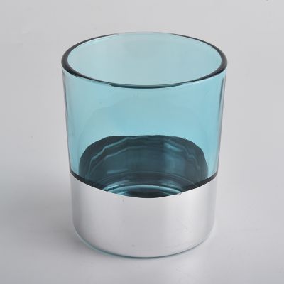blue transparent glass candle jar with electroplated bottom, unique glass candle holder