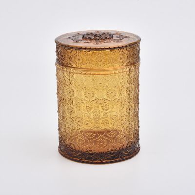 Popular luxury amber wholesale glass candle holder with lids for candle making