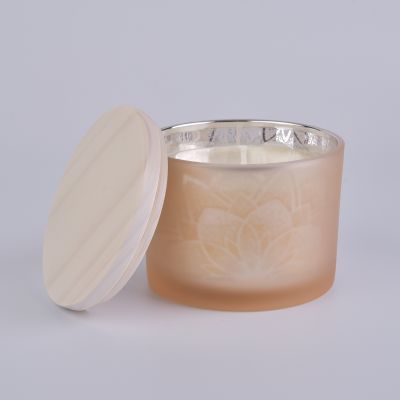 light yellow glass candle holder with wooden lid, 14 oz decorative glass vessels for candles