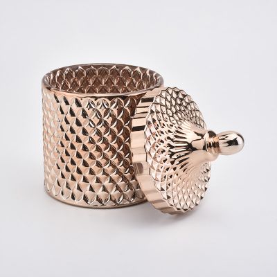 Luxury electroplating rose gold glass candle holder with lid
