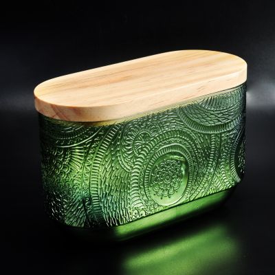10oz Christmas vintage green glass candle jar with wood lid