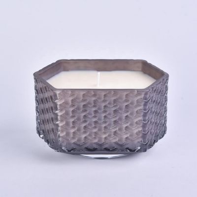 8oz 10oz Wholesales decorative Hexagon woven glass candle jar with wood lid