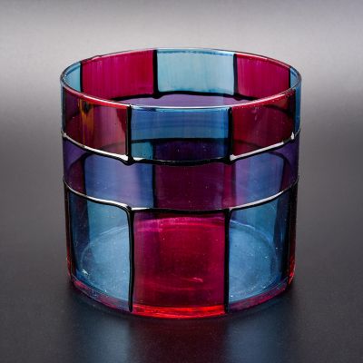 Cylinder glass vessel with hand painting, colorful glass candle jars