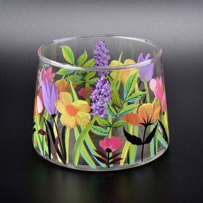 clear glass candle vessel with flower patterns, bell shaped glass jar with hand painting