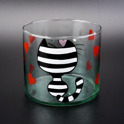 Cylinder glass vessel with lovely kitty painting, decorative glass candle jars 16 oz