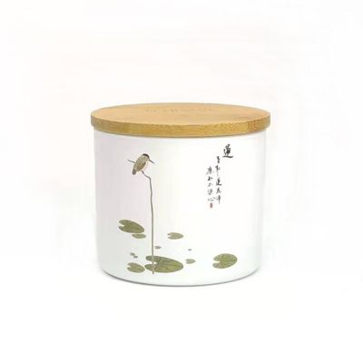 Chinese Style With Retro lotus Painting Glass Candle Jar White Color Sprayed Candle Holder