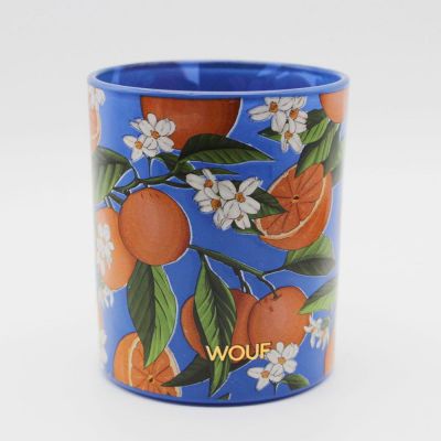 High Quality Customized Logo Glass Candle Jar with Applique Technology Glass Candle Holder