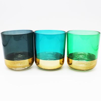 Large Colorful Sprayed Glass Candle Jar For Decor Electroplating Golden Base Glass Candle Holder with Lid 21oz
