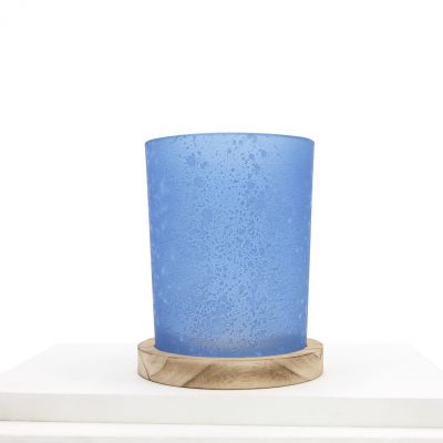 New Unique Custom Design Clear Colored Blue Frosted Glass Candle Holder Jar Vessel With Wooden Lid