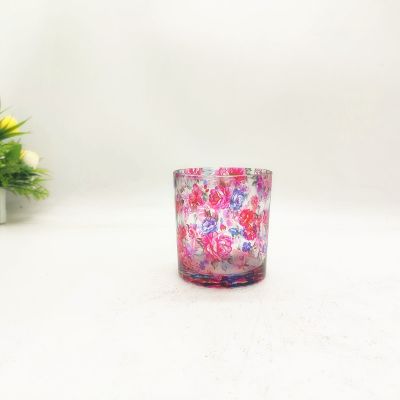 Colorful red rose flower logo all over the cup body romantic glass candle holder