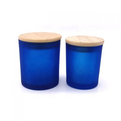 Wholesale empty luxury matte dark blue frosted glass candle jar with lid