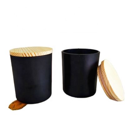 Wholesale matte black heavy glass candle jar with wooden lid for romantic dinner desktop ornaments