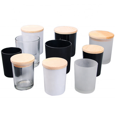 Wholesale frosted white/black glass candle jar with wooden lid