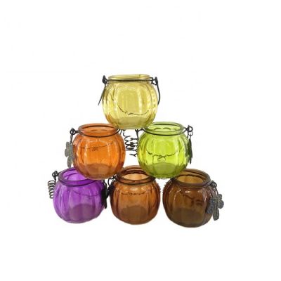 Fall traditional candle holder Pumpkin glass candle holder with iron frame