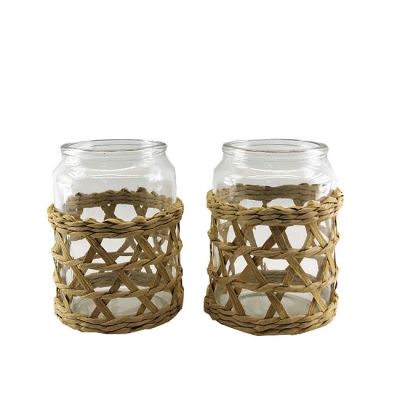 Custom Logo hand-woven transparent glass tea light holder family wedding desktop decoration