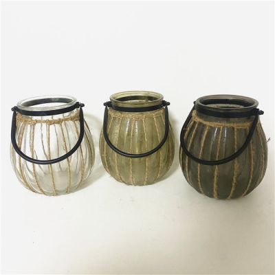 Home decoration glass candle holder Lantern floor stand candle holder with hemp rope