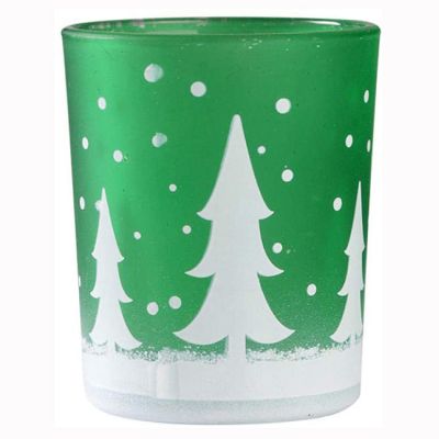 Cheap round colorful glass christmas candle holder with christmas tree