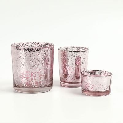 3 sets electroplating pink color glass candle holders in bulk for wedding