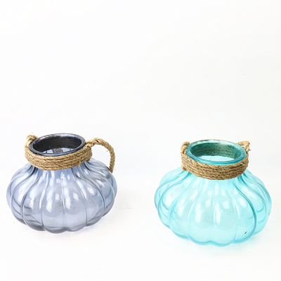 wholesale customized unique engraved glass candle holder with hemp rope
