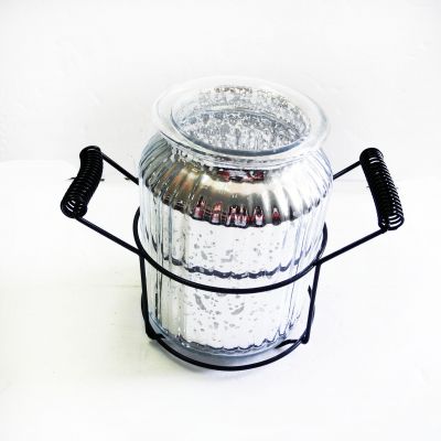 Stylish and unique shape of the candle jar metal frame Polish column glass candle jar with hemp rope handle