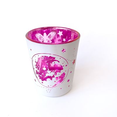 Purple plated glass votive container, candle holder for home decor
