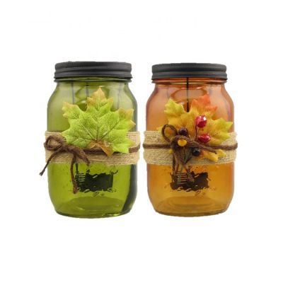 Autumn Harvest Style Hemp Rope and Maple Leaf Decoration Metal Lid Glass Tea Light Candle Holder Jar