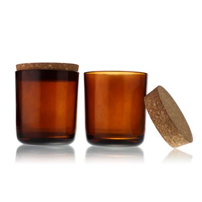 Custom Color Wide Mouth Wooden Cork Lid Candle Container Jar 10oz Amber Glass Jar For Scented Candle