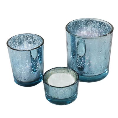 Blue Electroplated Colorful Votive Mercury Glass Candle Jar Holders Set Of 3
