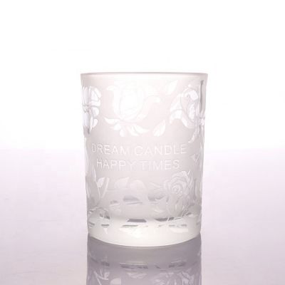 Luxury Flower Decal And Sand Blasting Logo Glass Candle Jars With Wood Lid