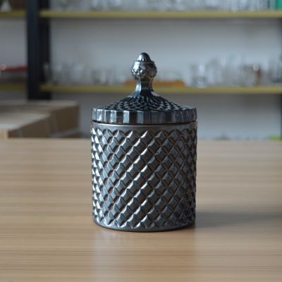 Hot selling luxury large black color diamond glass candle jar with glass lid