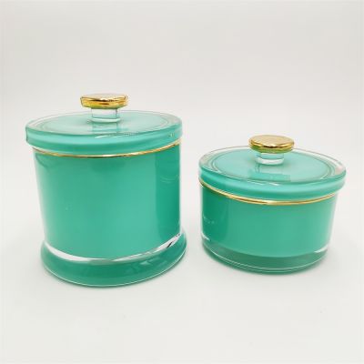 light blue color plain glass gold rim and knob glass candle holder