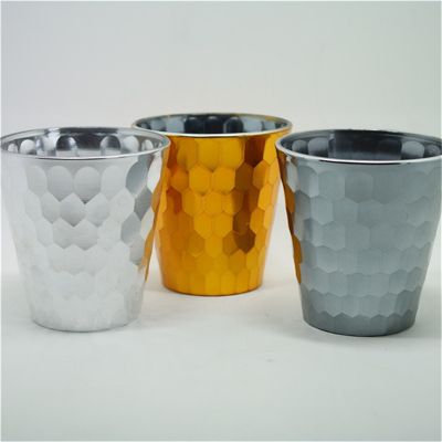 11 oz wide top electroplated gold silver grey black glass candle jar with hand engraved design