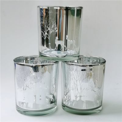 12 oz 16 ounce electroplated silver glass candle jar with laser carved Christmas tree deer