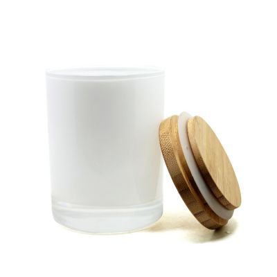 Glossy White Flat Bottom Glass Candle Vessel With Wooden Lid Empty Candle Jar With Gift Box