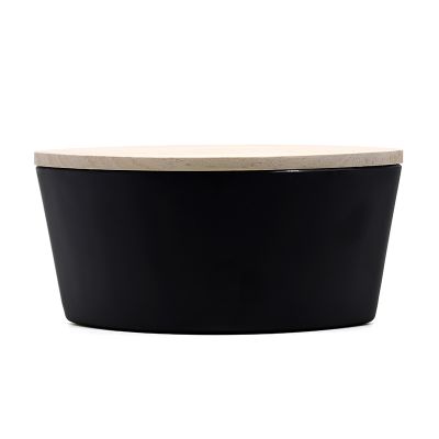 17oz Matte black frosted white crackle wick oval glass candle vessel with wood lid
