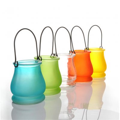 Printed colourful glass candle holder with metal handle