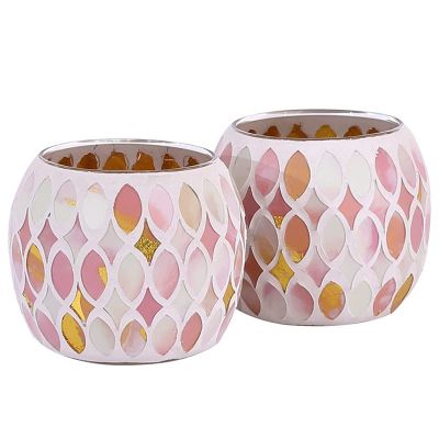 Round Glass Votive Candle Holders Handmade Mosaic Tealight Candle Holder for Home Decor, Weddings, Parties