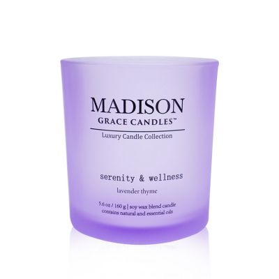 Purple soy wax blend glass candle cup with English on the surface