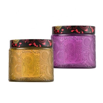 400ml Empty Embossed Floral Glass Candle Jar with Metal Lids Luxury Container Holder for Candle Making