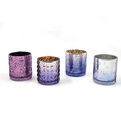 High quality engraving pattern glass candle holder with sprayed color embossing votives