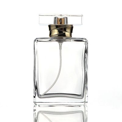 square clear 100ml glass perfume bottle with spray gold and cap